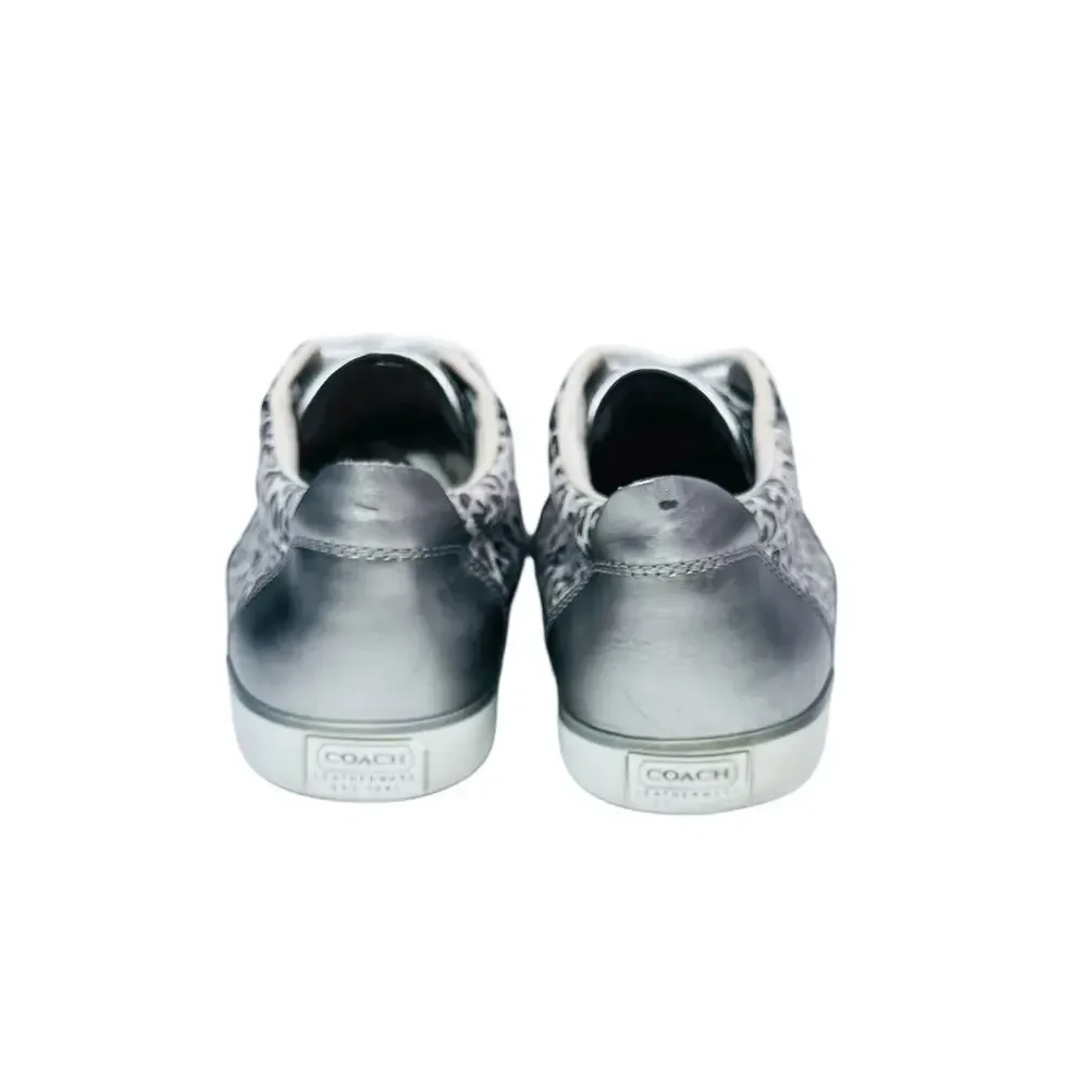 Coach Women's Snow Leopard Print Silver Grey Metallic Sneakers Size 6.5